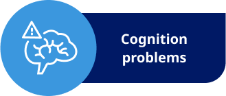 Brain icon with warning sign indicating "cognition problems"